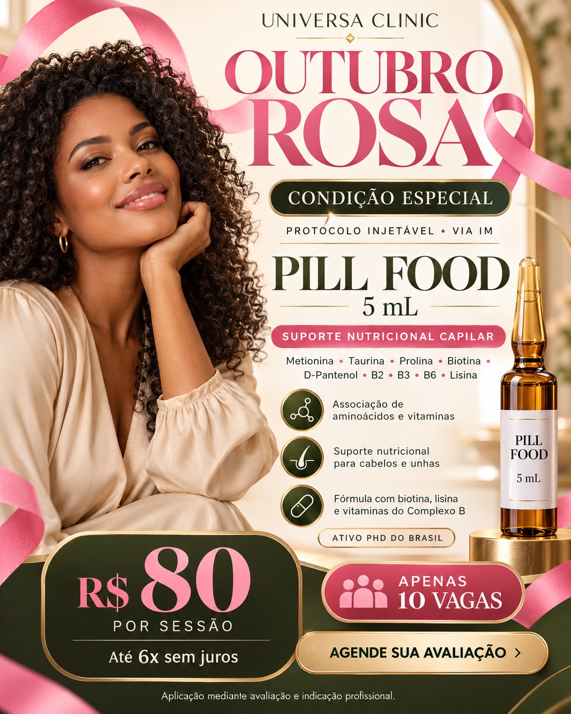 Pill Food 5 mL por via intramuscular, com suporte nutricional para cabelos e unhas, por R$ 80 a sessão e 10 vagas.