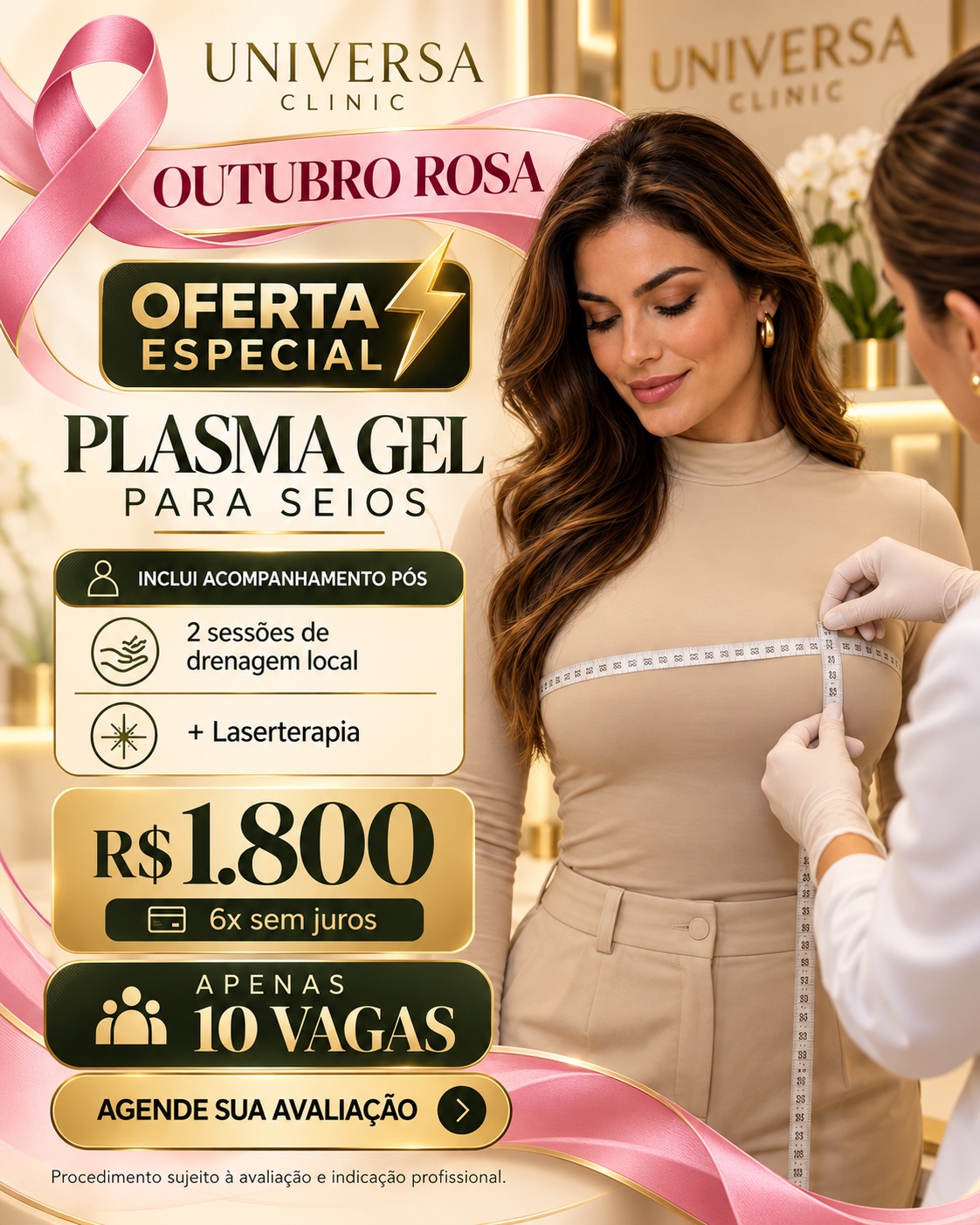 Plasma Gel para Seios por R$ 1.800, incluindo duas sessões de drenagem local e laserterapia, com 10 vagas.