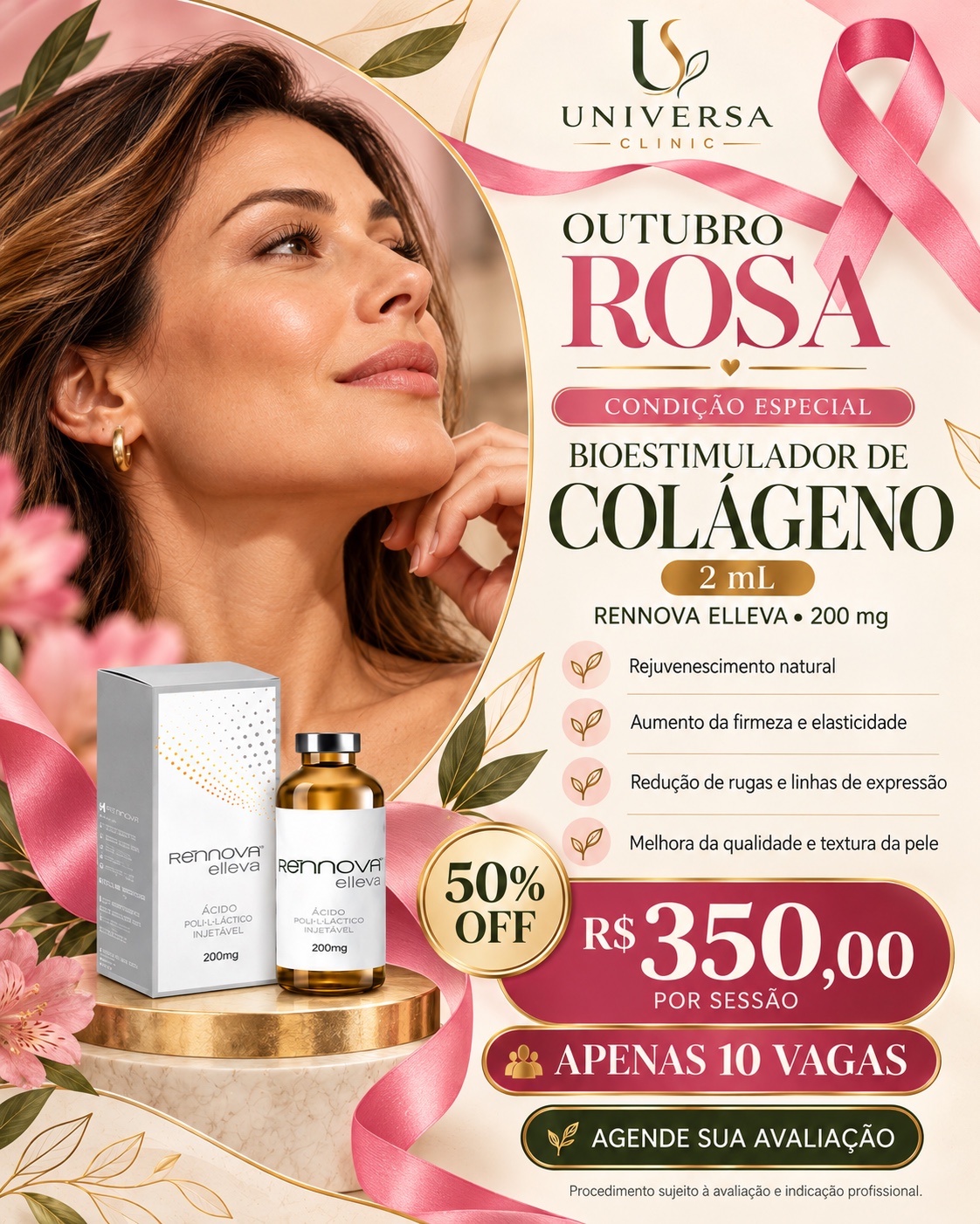 Condição especial de Rennova Elleva 2 mL, bioestimulador de colágeno, por R$ 350 a sessão, com 10 vagas.