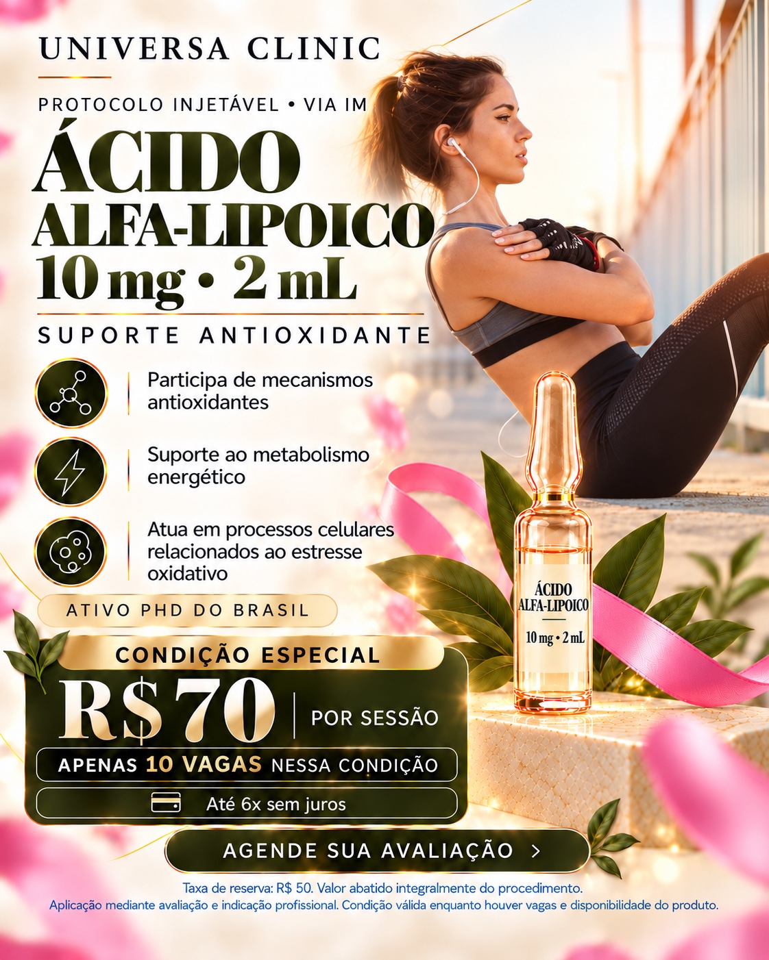 Ácido Alfa-Lipoico 10 mg em 2 mL, via IM, por R$ 70 a sessão, com 10 vagas.