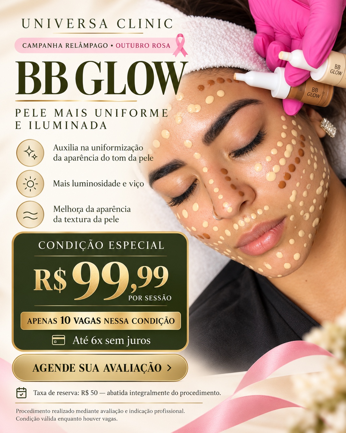 BB Glow por R$ 99,99 a sessão, com 10 vagas e procedimento mediante avaliação profissional.