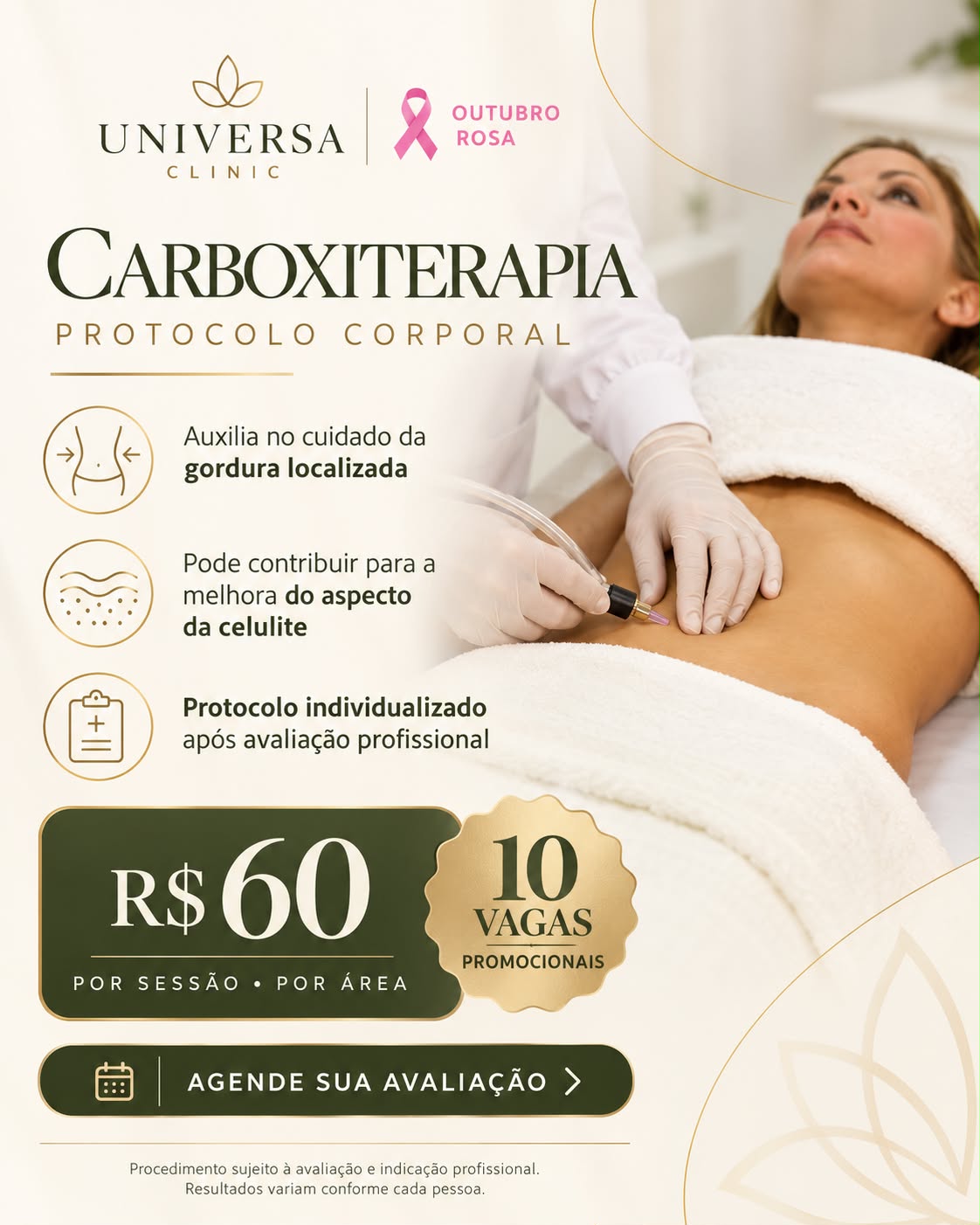 Carboxiterapia corporal por R$ 60 a sessão por área, com 10 vagas promocionais.