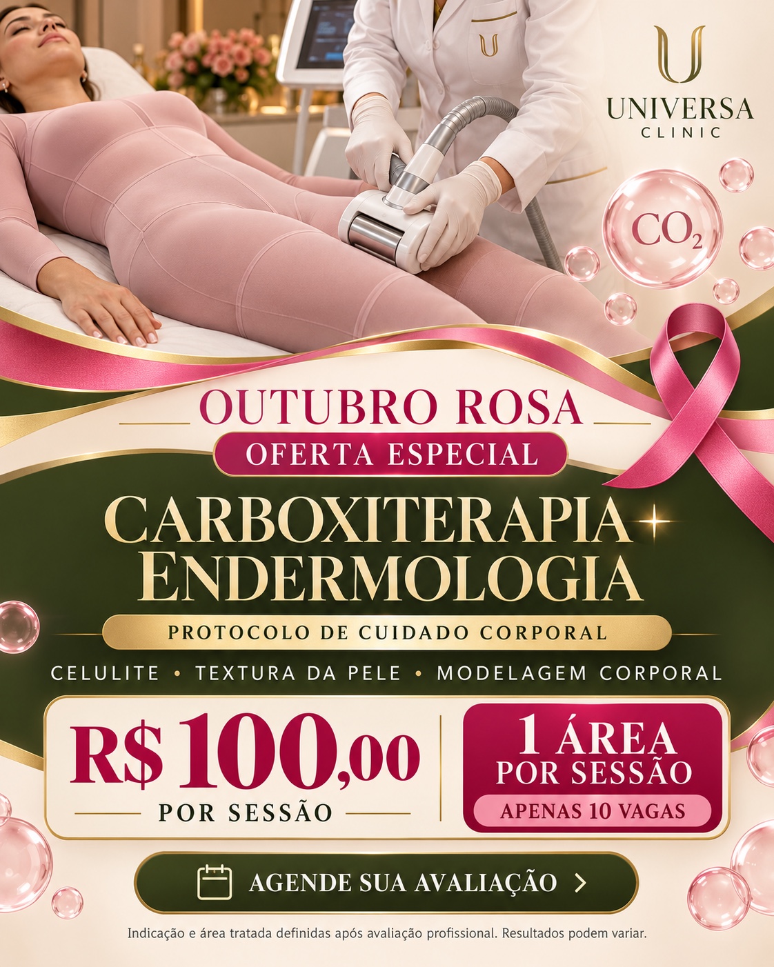 Oferta Outubro Rosa de Carboxiterapia + Endermologia por R$ 100 por área e por sessão, com 10 vagas.