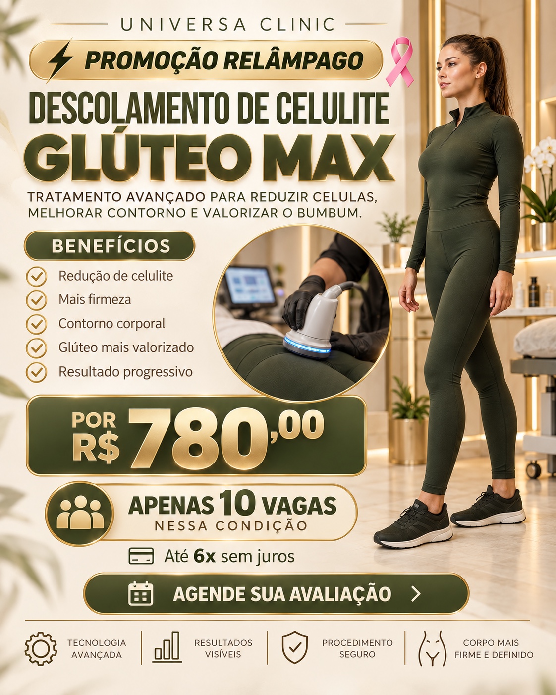 Descolamento de Celulite Glúteo Max por R$ 780, com 10 vagas e protocolo definido após avaliação profissional.