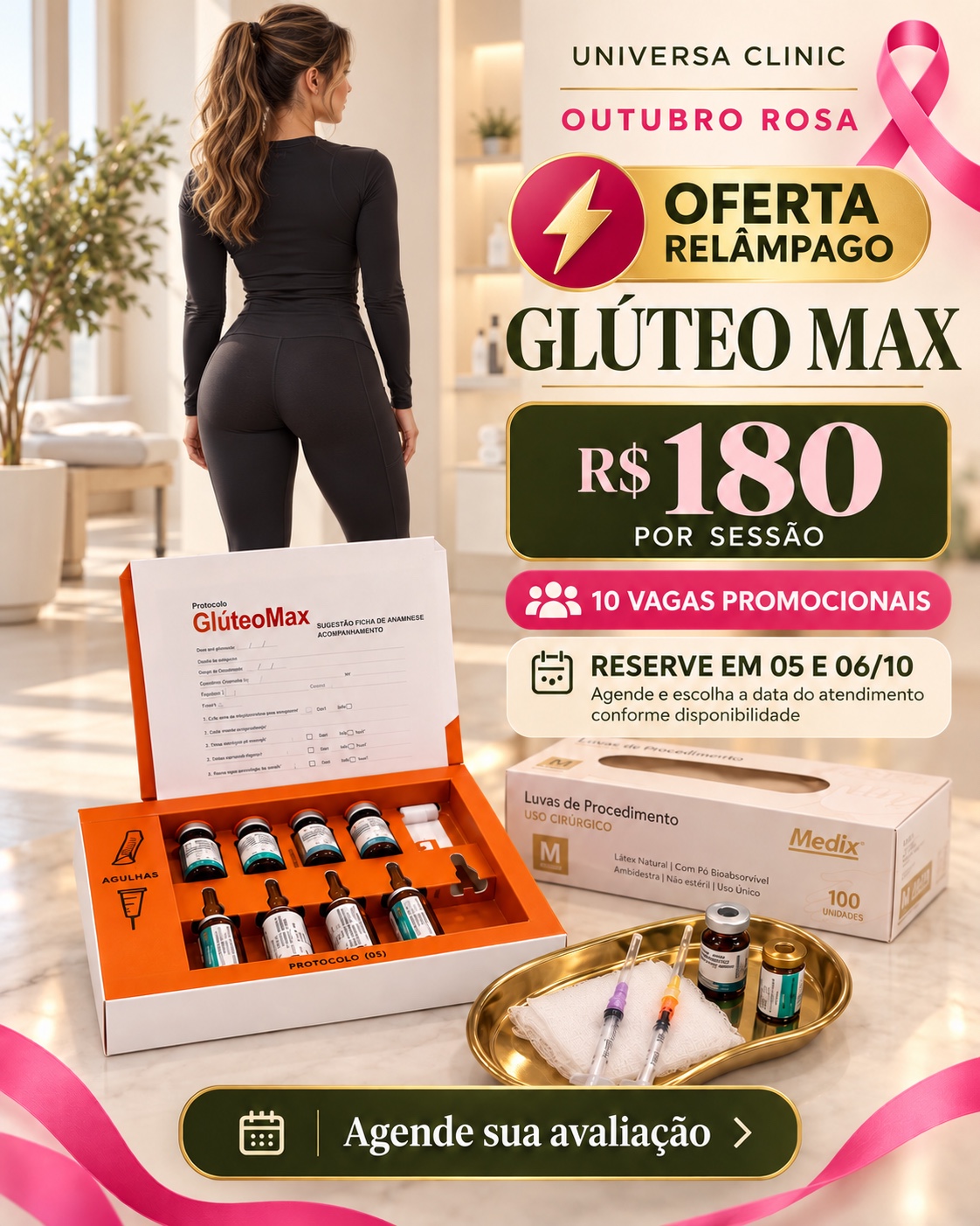 Oferta Outubro Rosa de Glúteo Max por R$ 180 por sessão, com 10 vagas promocionais.