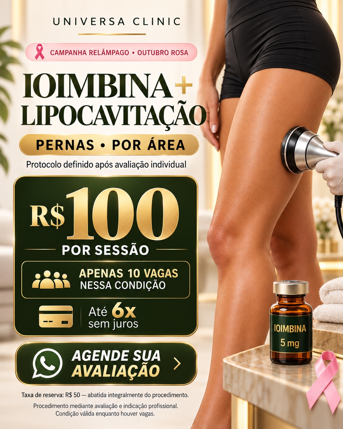 Ioimbina com lipocavitação para pernas por R$ 100 por área, com 10 vagas e avaliação profissional.