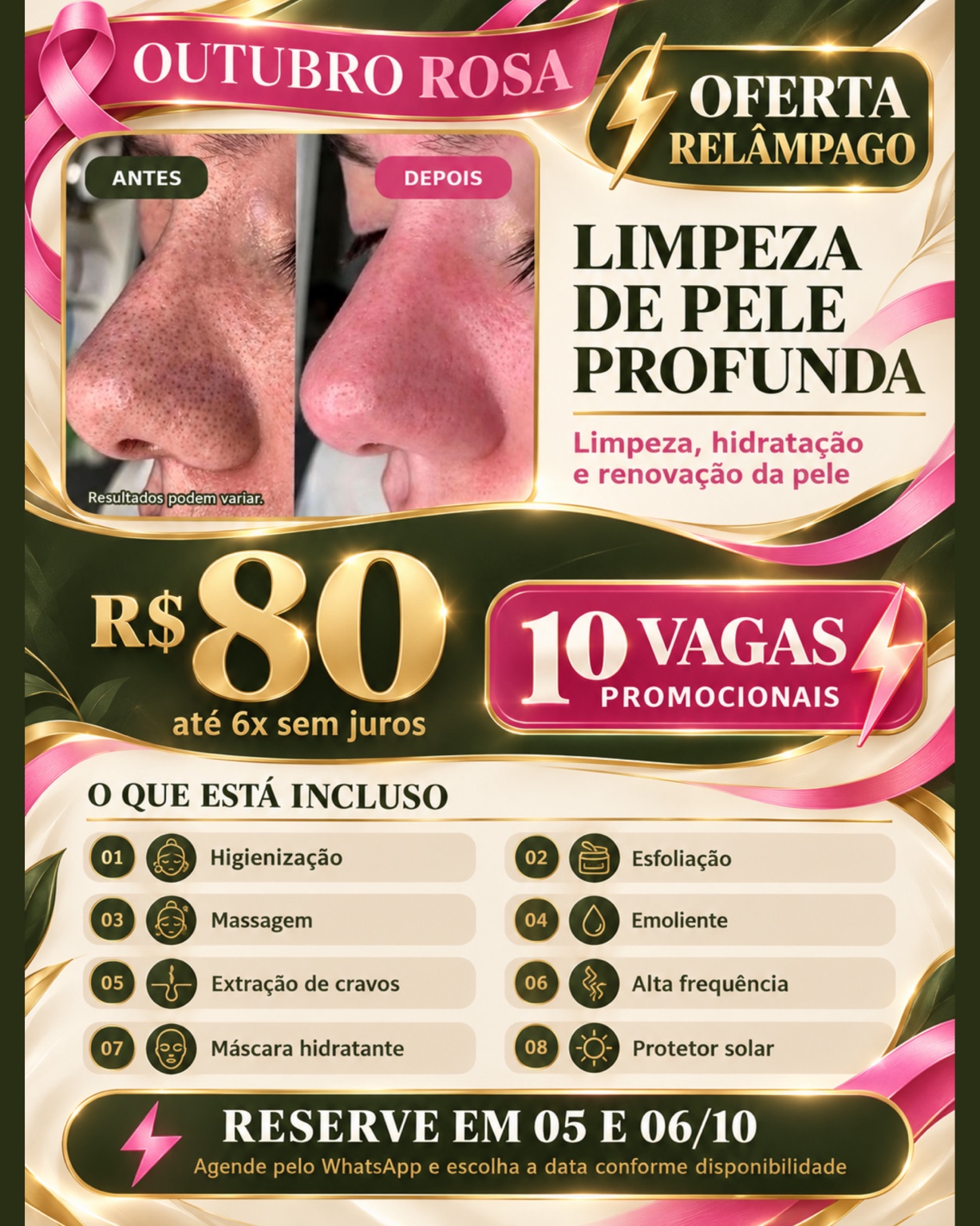 Oferta Outubro Rosa de Limpeza de Pele Profunda por R$ 80, com 10 vagas promocionais.
