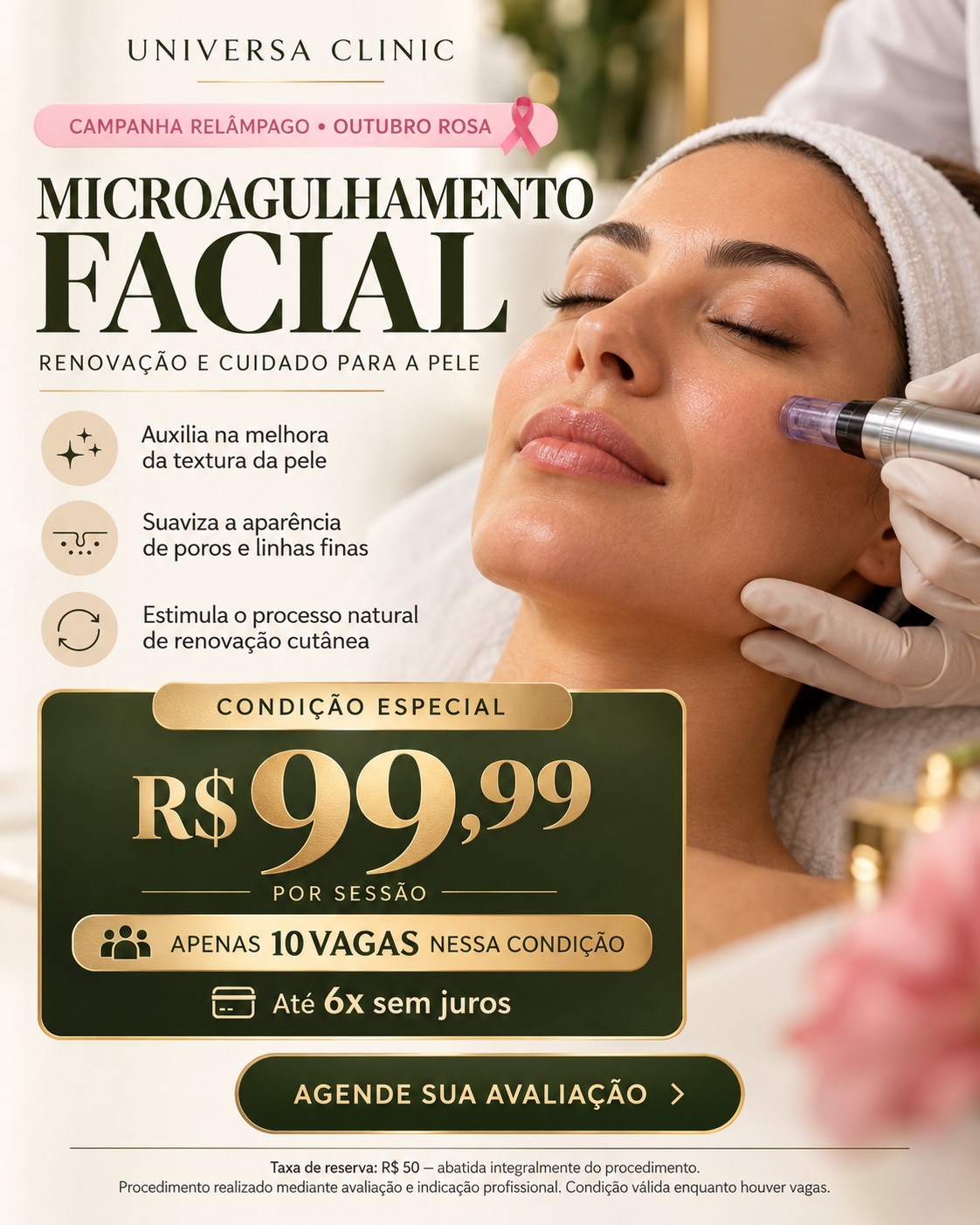 Microagulhamento facial por R$ 99,99 a sessão, com 10 vagas e procedimento mediante avaliação profissional.