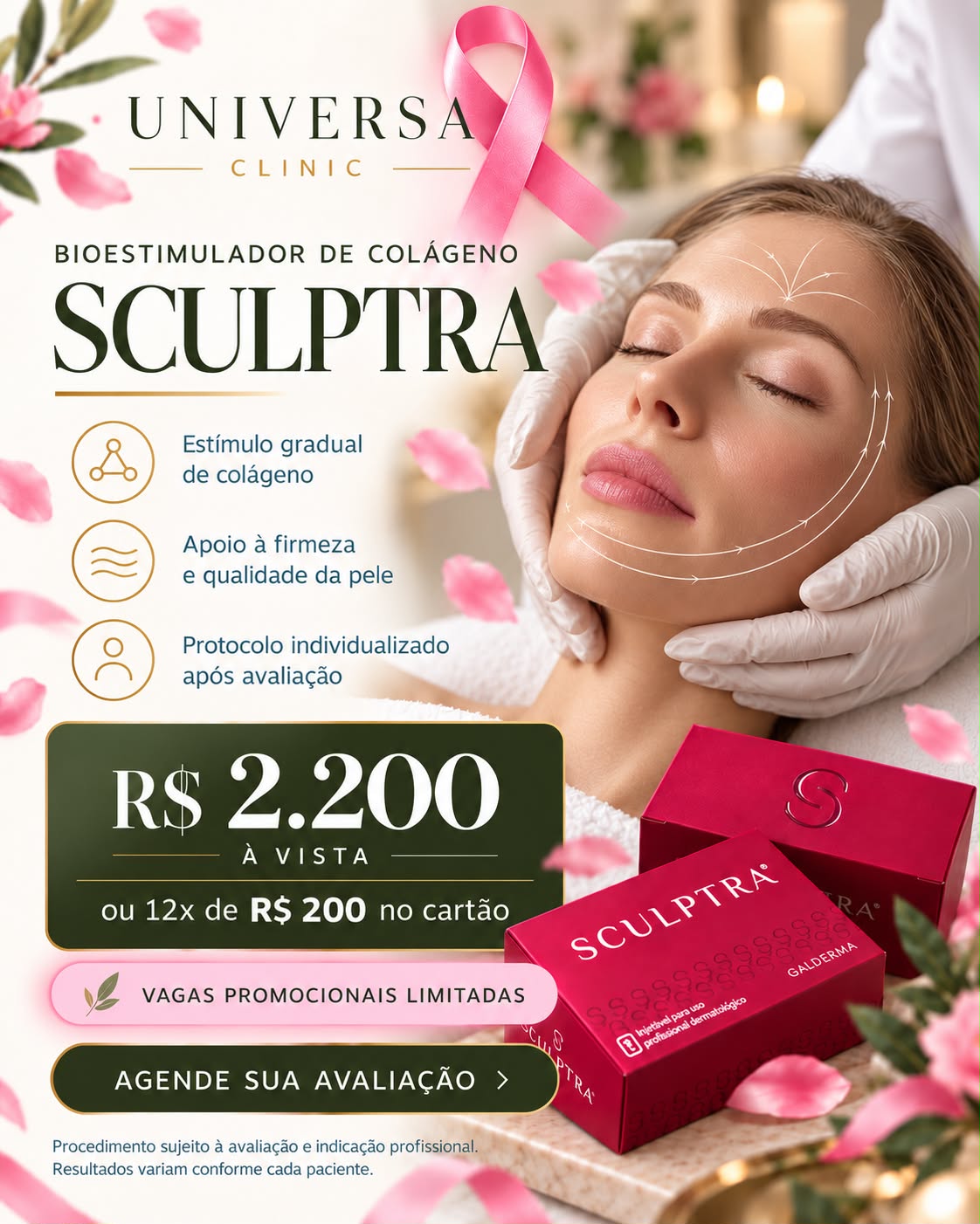 Bioestimulador de colágeno Sculptra por R$ 2.200 à vista ou 12 vezes de R$ 200 no cartão, com vagas promocionais limitadas.