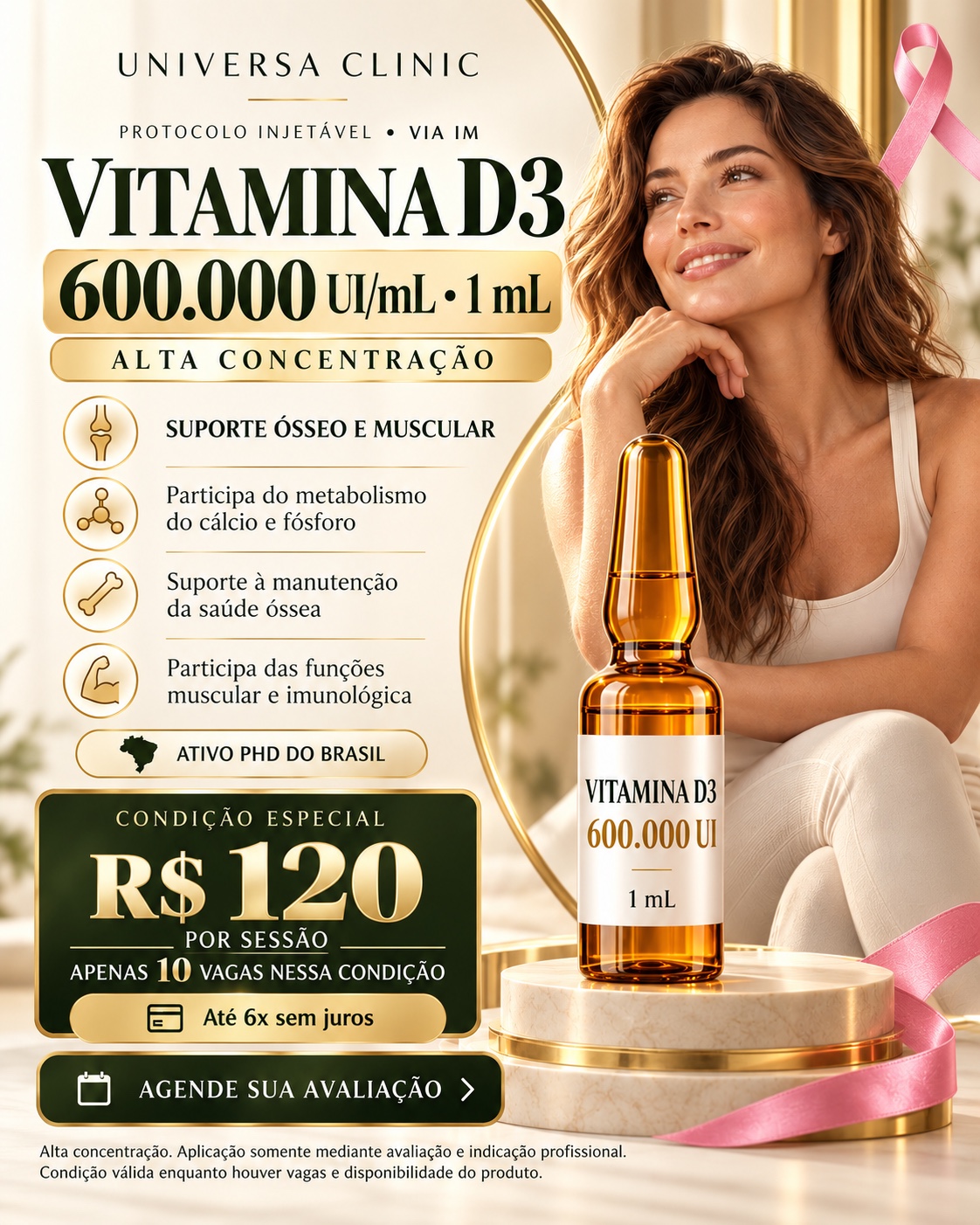 Vitamina D3 600.000 UI por mL, protocolo injetável via IM por R$ 120 a sessão, com 10 vagas.