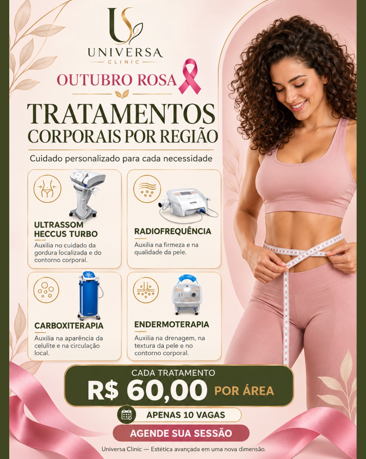 Tratamentos corporais por região com Heccus Turbo, radiofrequência, carboxiterapia ou endermoterapia, por R$ 60 por área.